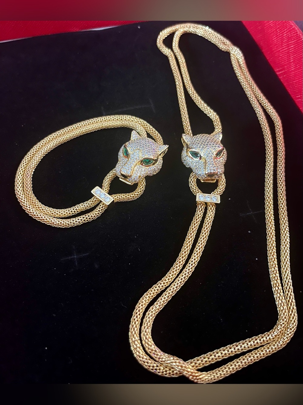 Gold-Tone Panther Head Necklace and Bracelet Set with Green Eyes